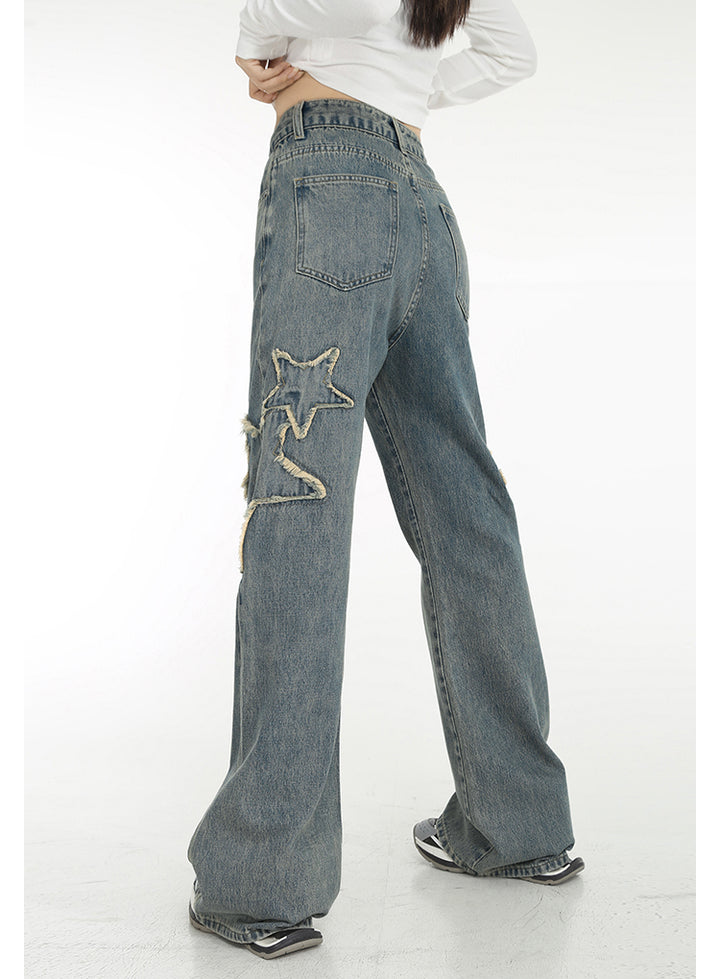 Spring High-waisted Draping Straight Slightly Flared Jeans