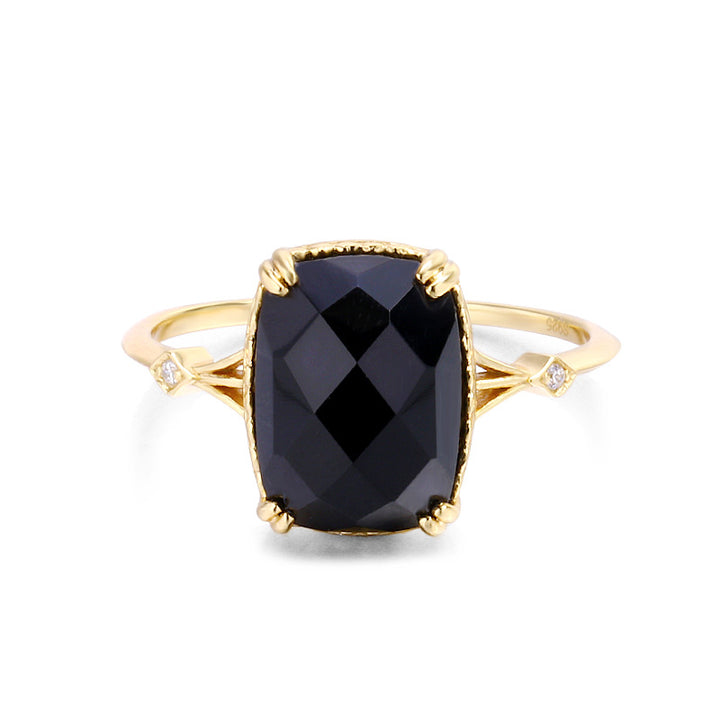 Simple Retro Style Rectangular Black Agate 925 Silver Ring