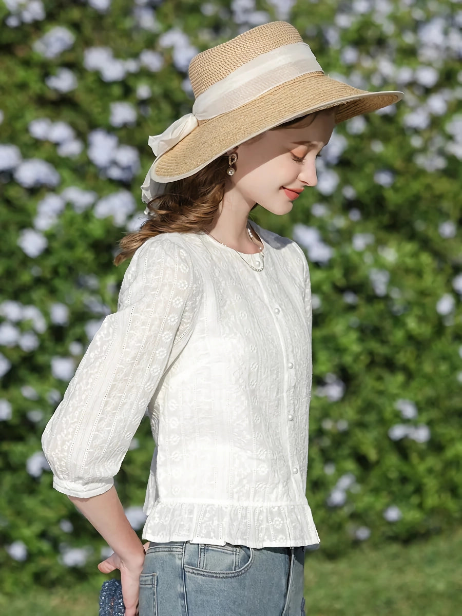 Elegant French Style White Cotton Puff Sleeve Blouse