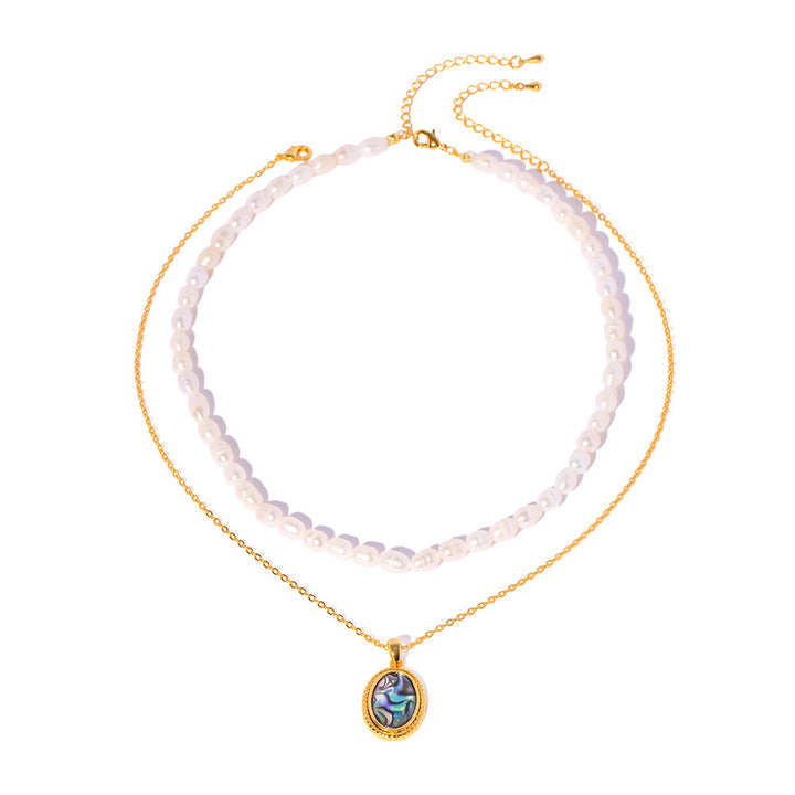 Double-layer Natural Pearl Oval Pendant Necklace