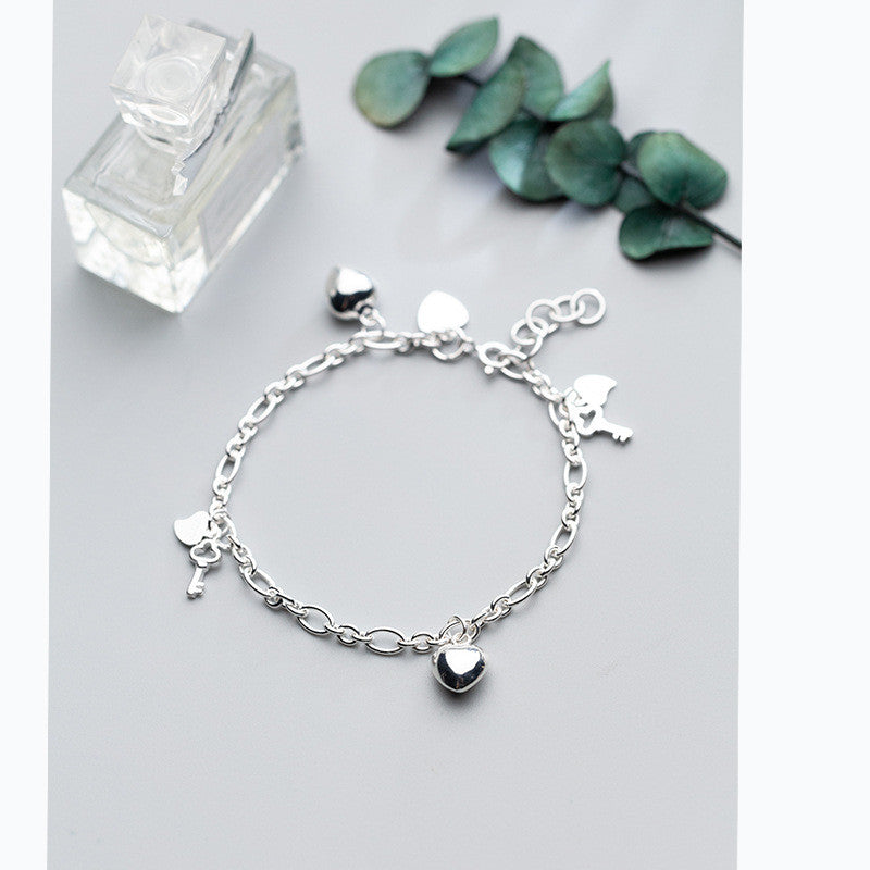 S925 Silver Women's Key Bracelet Heart Shaped Women