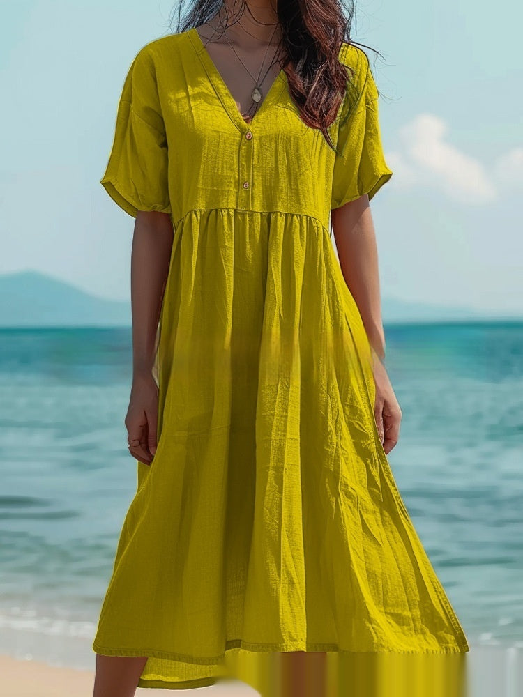 Women's Short-sleeved Cotton And Linen Swing Dress