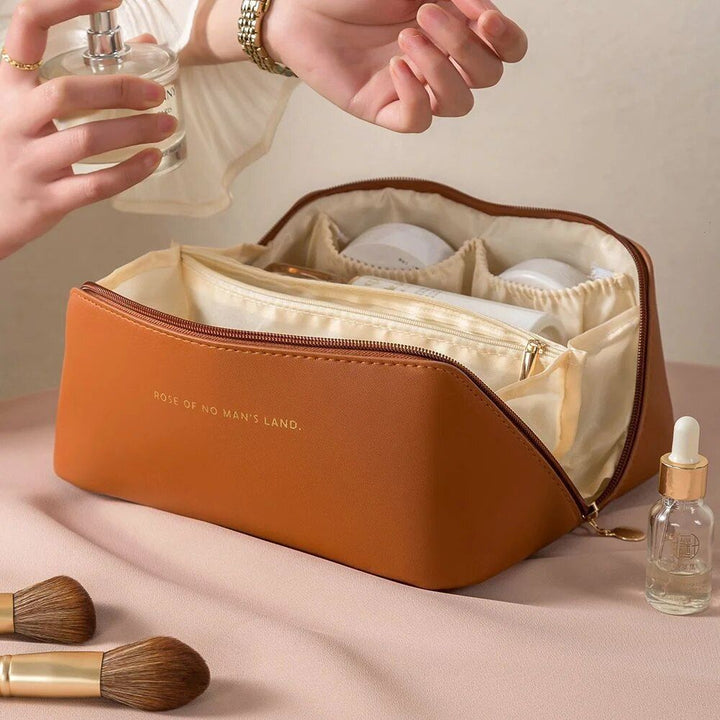 Elegant Leather Travel Cosmetic Bag - Zippered Make-Up Organizer for Women