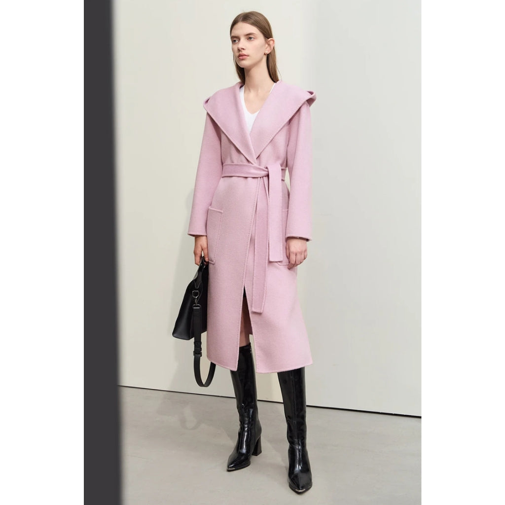 Autumn Women's Hooded Split Belt Long Wool Overcoat