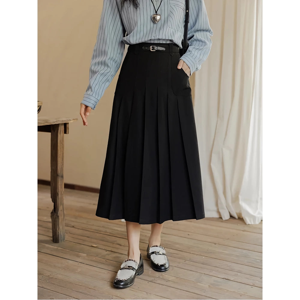 High Waist Pleated A-Line Skirt with Decorative Belt and Pockets