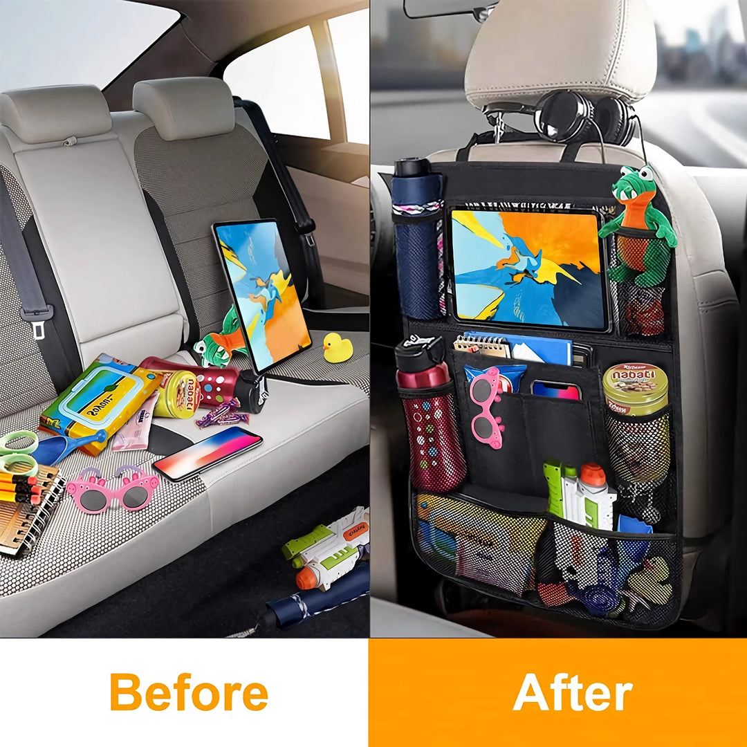 Car Backseat Organizer with Touch Screen Tablet Holder & Multiple Storage Pockets