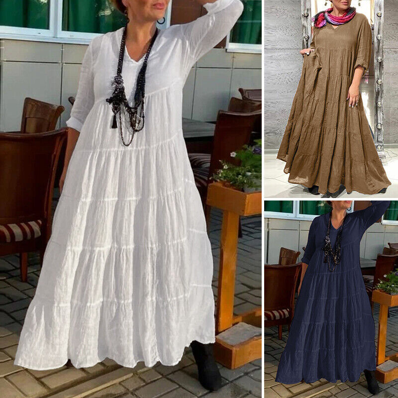 Women's Extra Long Dress Long Sleeve V-neck Layered A- Line Robe Loose Dress