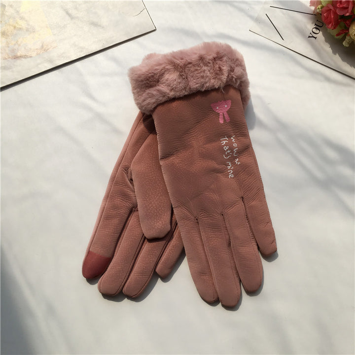 Autumn And Winter Women's Riding Gloves Korean Style Alphabet Cartoon Warm Double Layer Fleece-lined