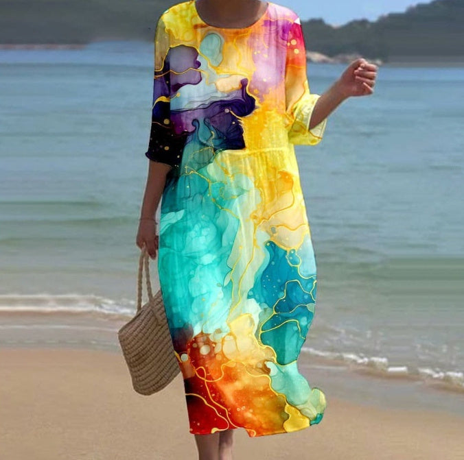 Round-neck Long Printed Casual Fashion Ladies Dress