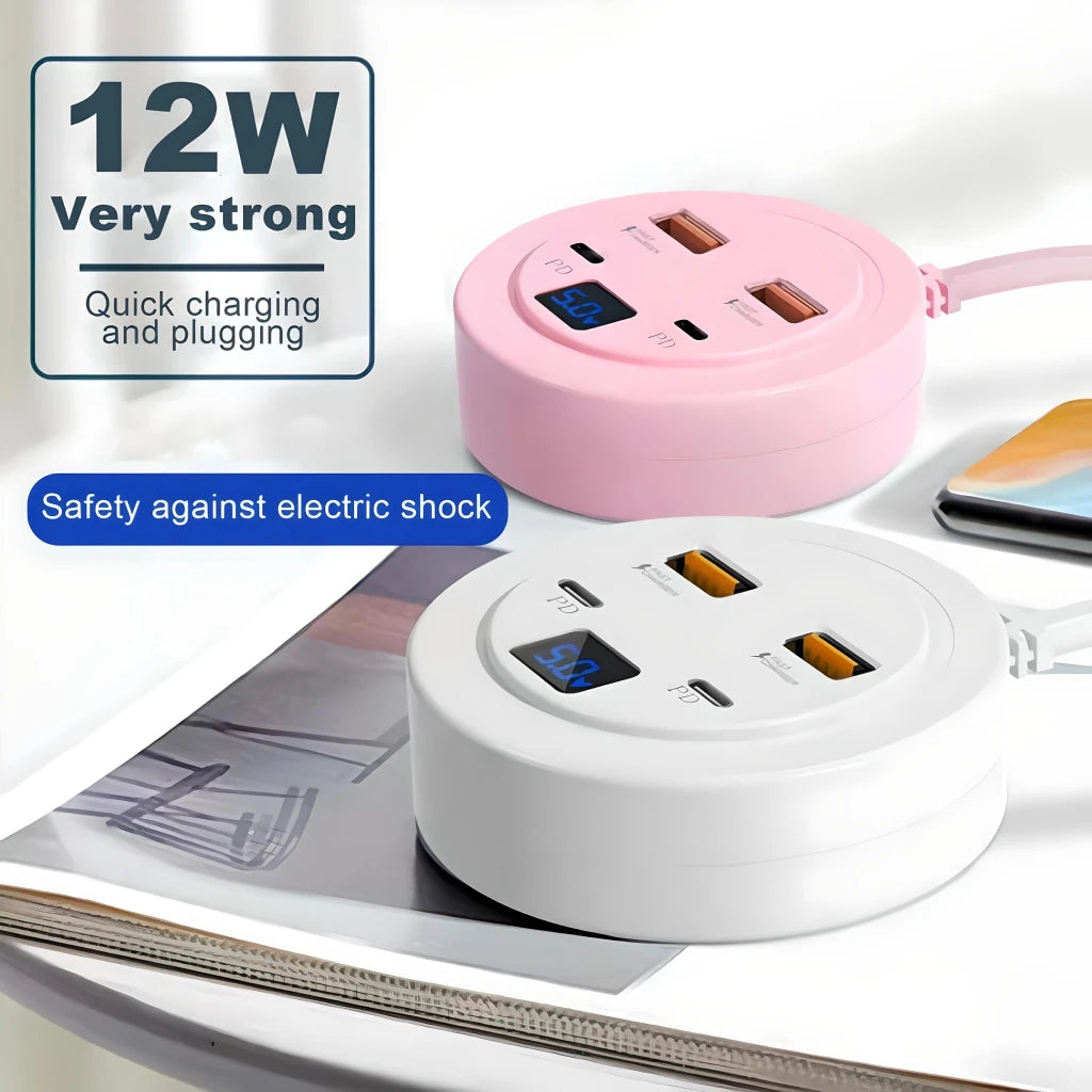 Universal Travel Power Strip with Dual USB-C and USB-A Ports