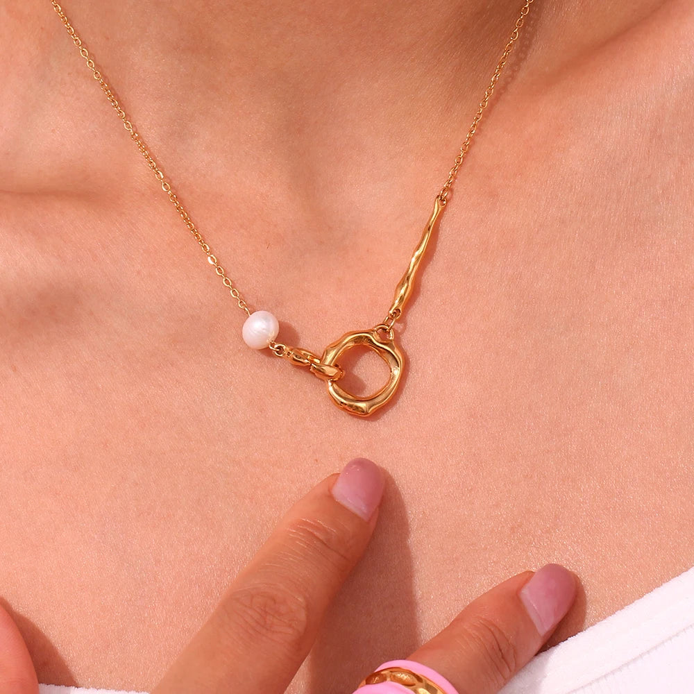 18K Gold Plated Freshwater Pearl Double Loop Pendant Necklace