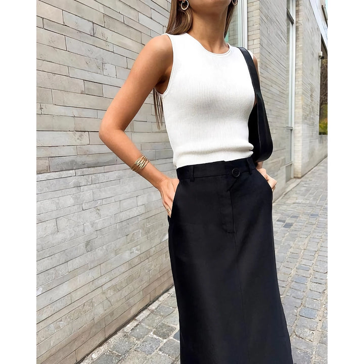 Elegant Black Ankle-Length A-Line Skirt with Pockets