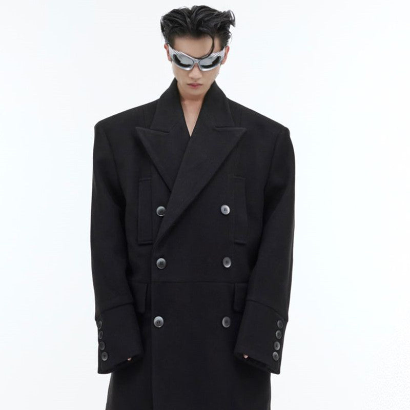 Three Dimensional Deconstruction Shoulder Pad Woolen Long Coat