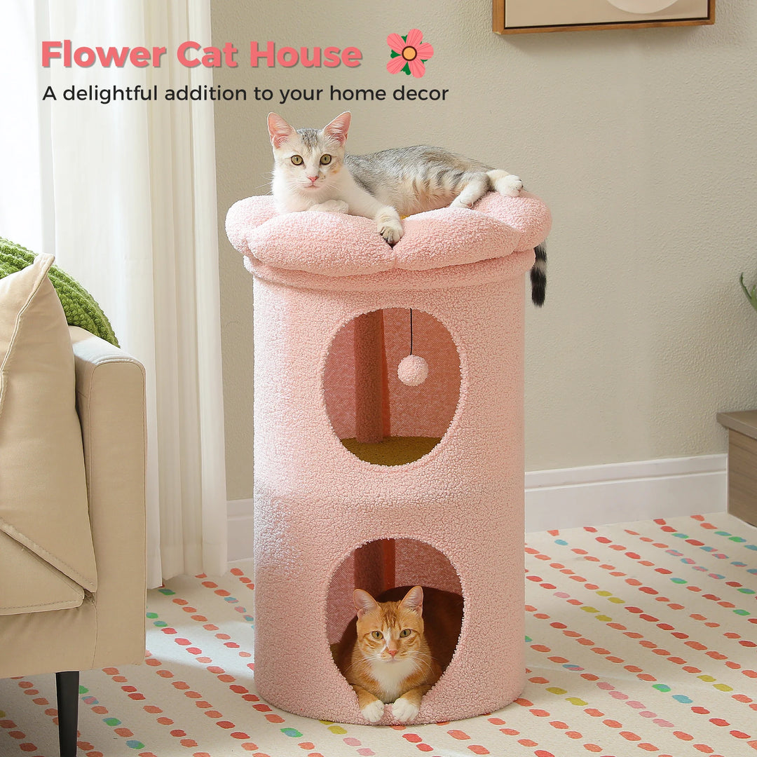 Cozy Flower Cat House with Pompom Ball - Double-Deck Cat Condo