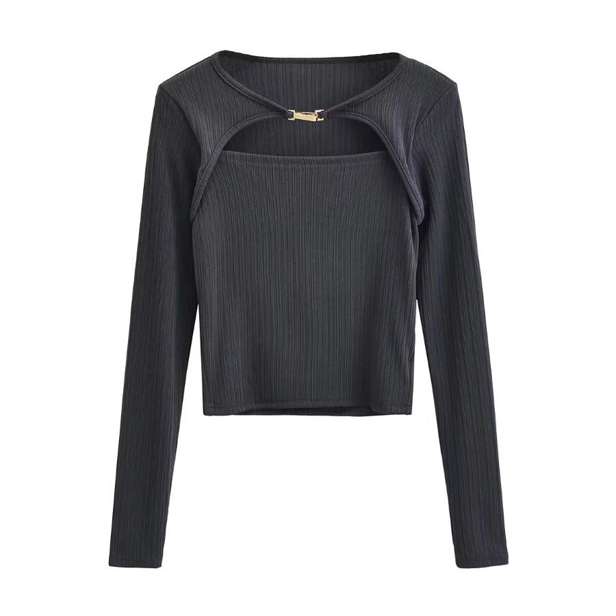 Elastic Tight Thin Hook And Loop Design Long Sleeved Bottoming Shirt For Women