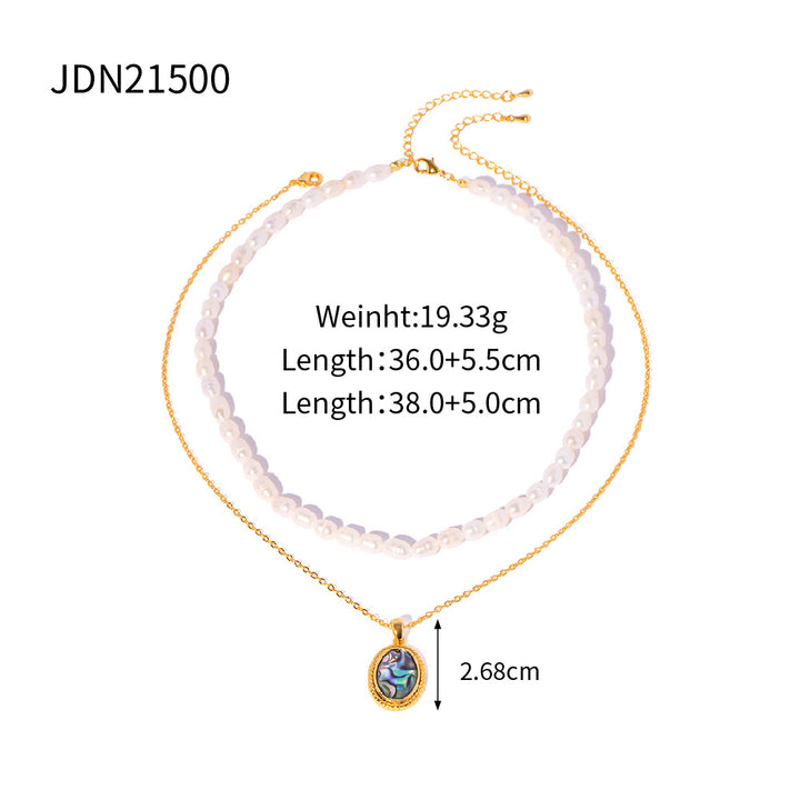 Double-layer Natural Pearl Oval Pendant Necklace