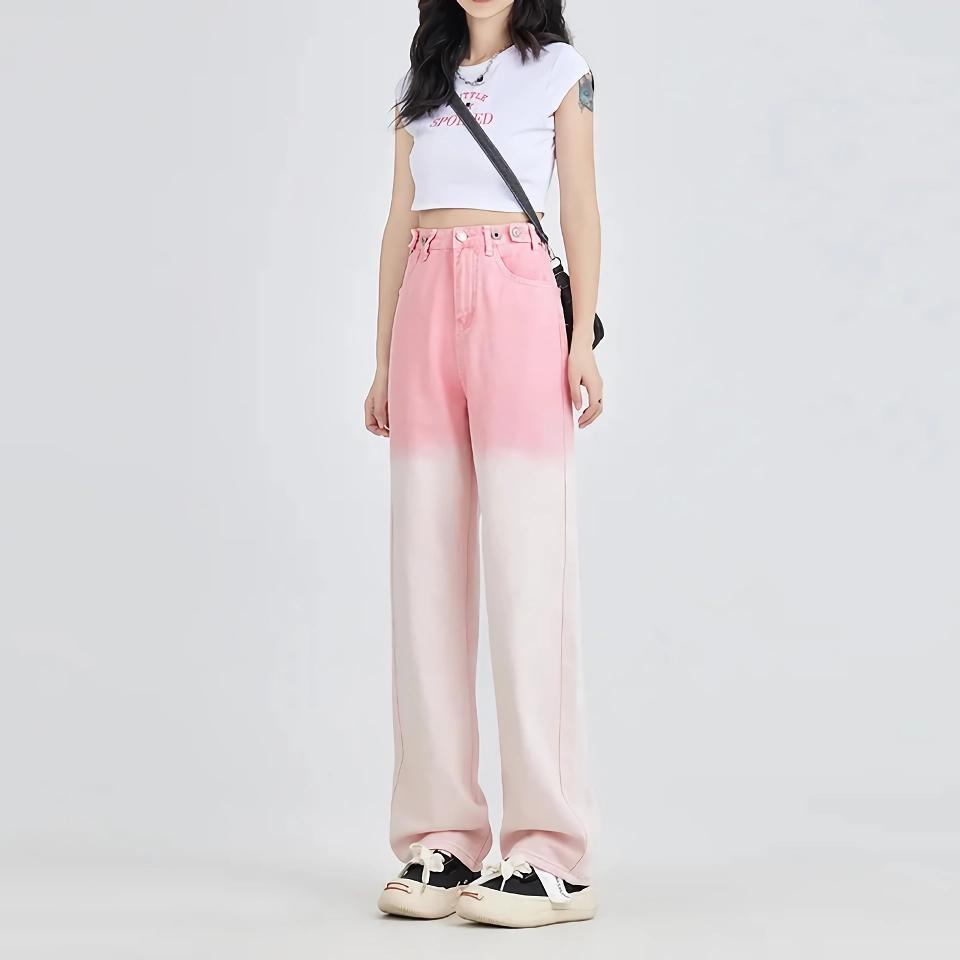 Stylish Pink Gradient Wide Leg Jeans for Women