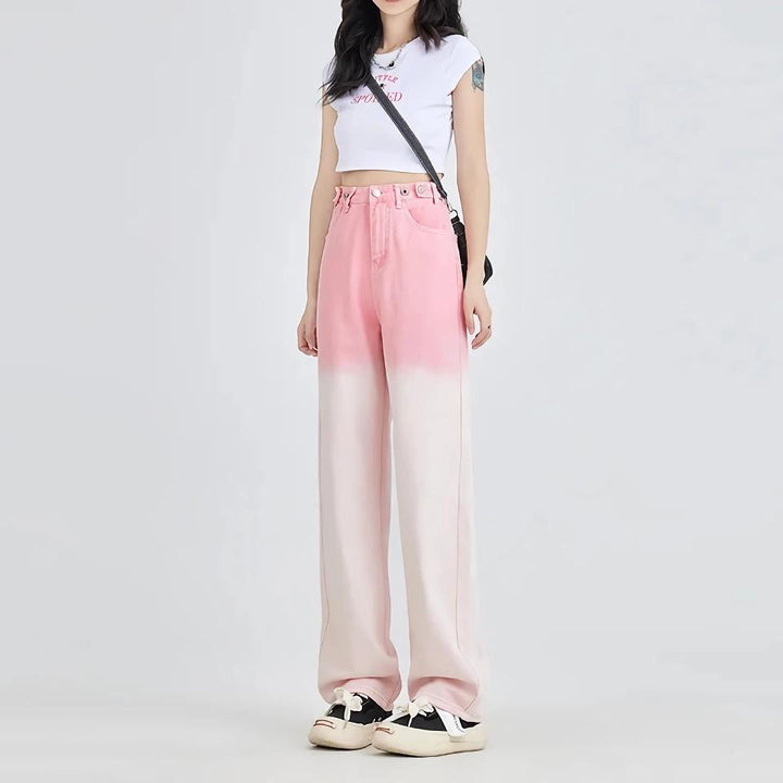 Stylish Pink Gradient Wide Leg Jeans for Women