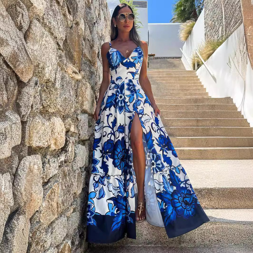 Fashion Blue Printed Sling Long Women's Dress