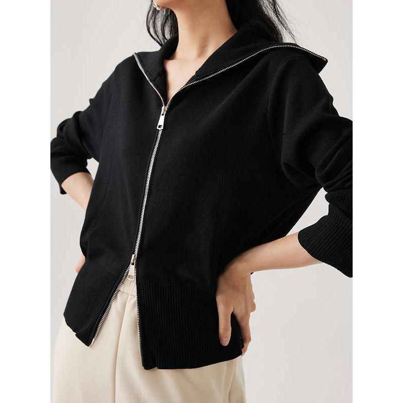 Black Silk-Cotton Blend Cardigan with Zipper