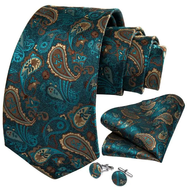 Luxury Paisley Silk Tie Set with Hanky and Cufflinks for Men