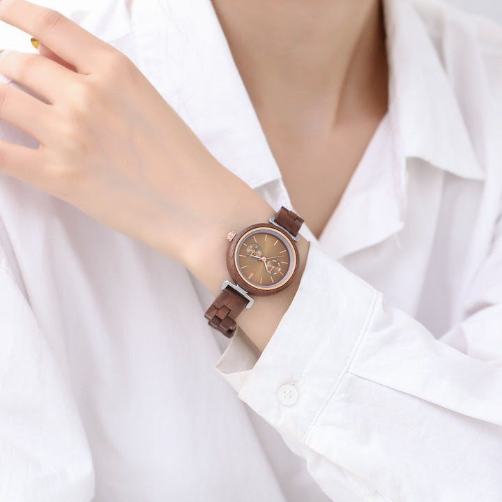 Ladies Quartz Round Analog Ebony Wood Watch