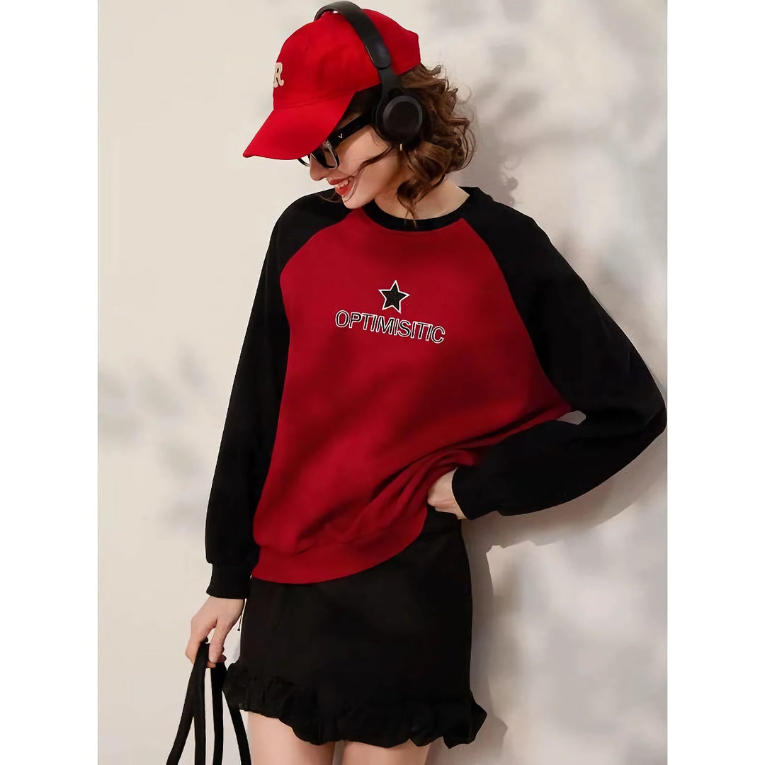 Sweatshirt Round Neck Long Sleeve Embroidered Loose Fit Pullover Top