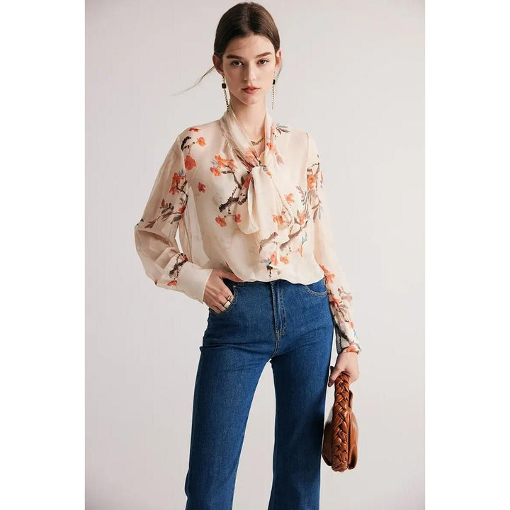 Elegant Floral Silk Blend Bow Collar Blouse