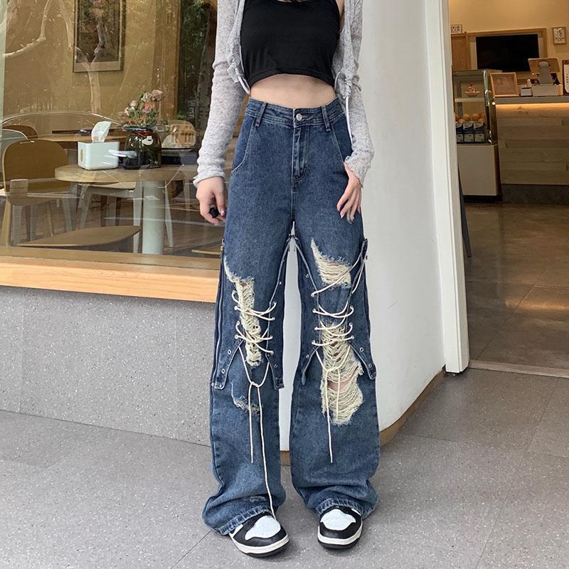 Ripped Lace-up Denim Women's High Waist Straight Wide Leg Pants