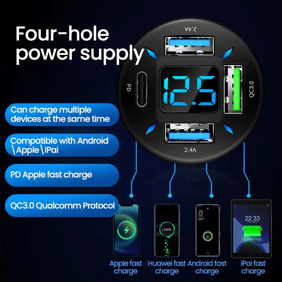 66W 4-Port USB Car Charger | Fast Charging PD Quick Charge 3.0