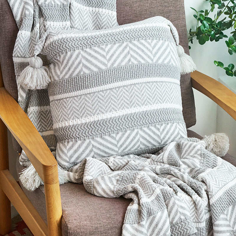 Nordic Knitted Gray Stripe Pillow Cover with Tassel Design