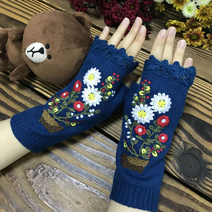 Potted Little Red Flower Long Warm Women's Knitted Gloves