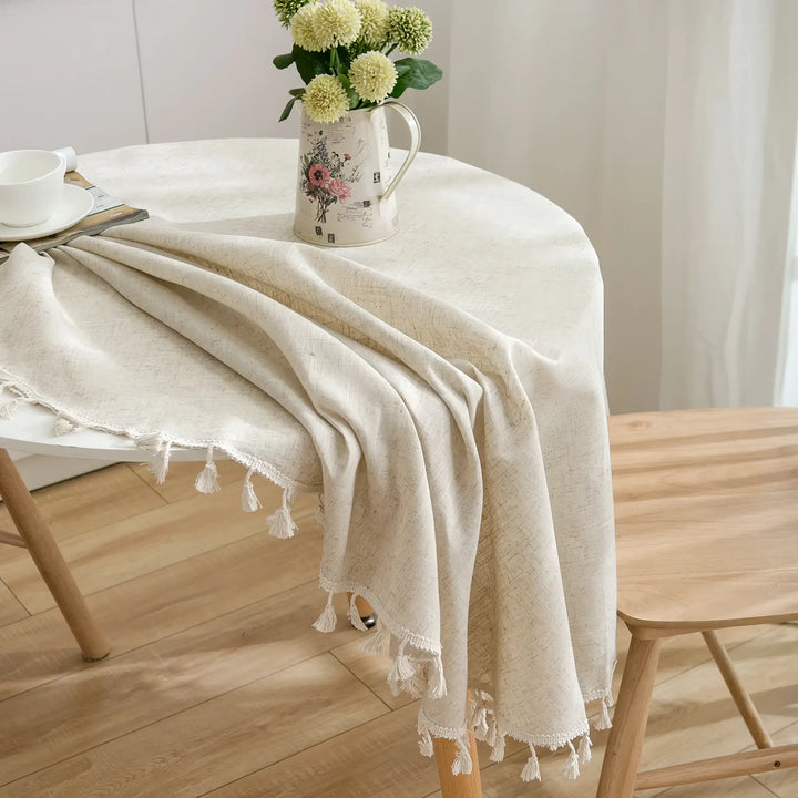 Elegant Cotton-Linen Blend Round Tablecloth with Tassels