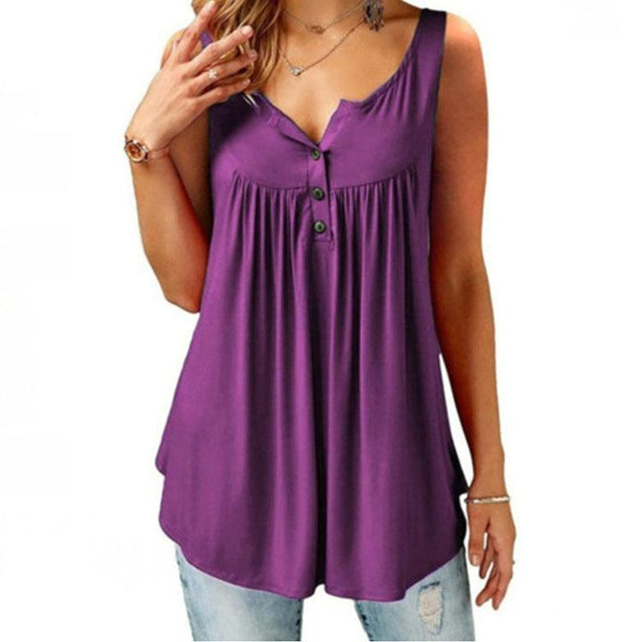 Solid Color Gathered Sleeveless Women's Casual T-Shirt Mid Length Button Vest - MRSLM