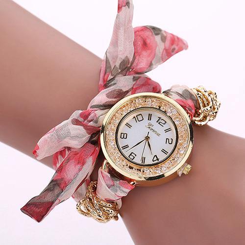 Fashion Geneva Lady Girl Flower Print Cloth Quartz Bracelet Dress Wrist Watch - MRSLM