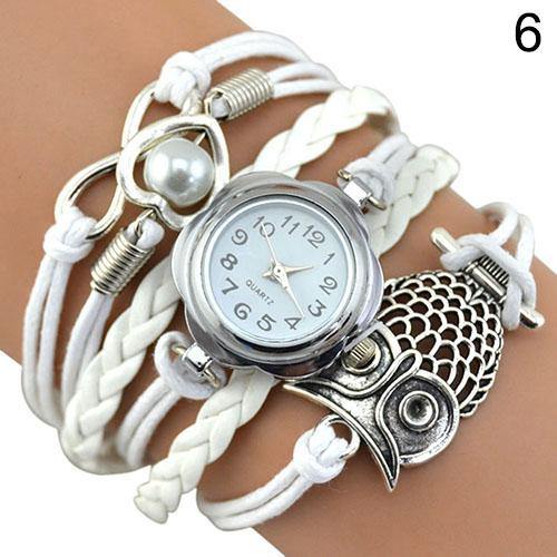 Women Owl Wax Cord Multilayer Knitted Faux Leather Bracelet Wrap Wrist Watch - MRSLM