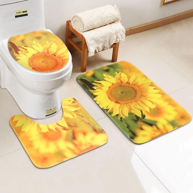 Sunflower Waterproof Polyester Shower Curtain Bathroom Carpet + Pedestal Rug + Toilet Seat Cover - MRSLM