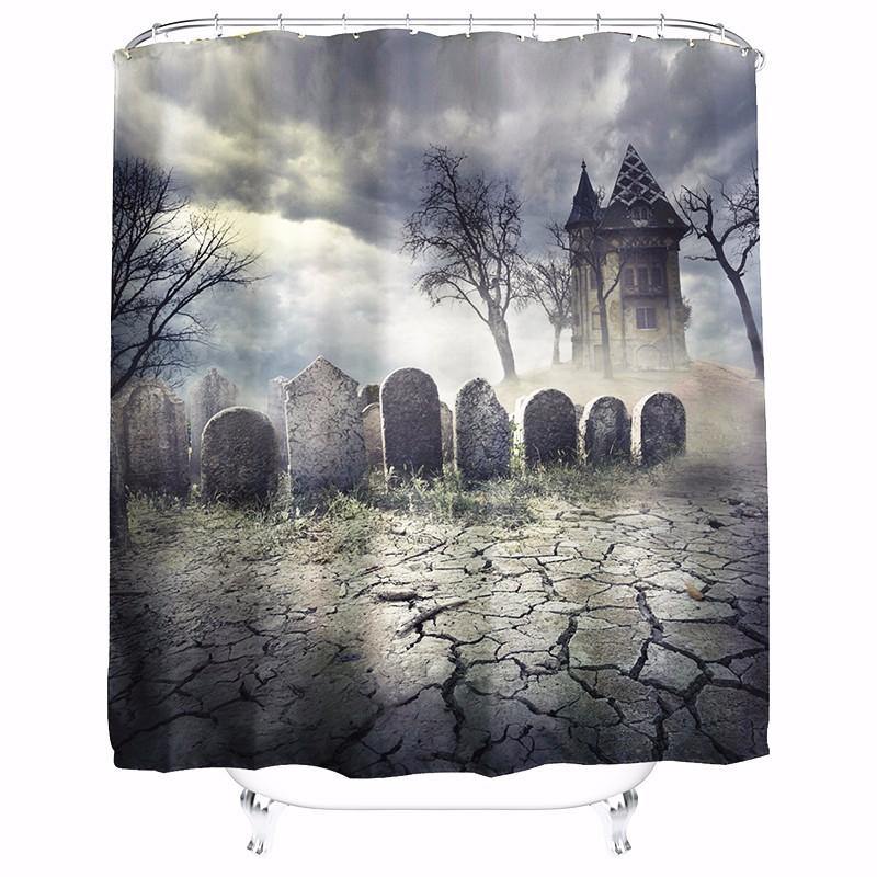 180x180cm Halloween Haunted House Polyester Shower Curtain Bathroom Decor with 12 Hooks - MRSLM