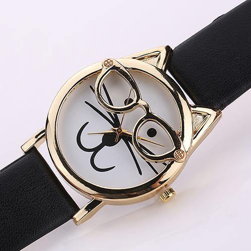 Unisex Fashion Faux Leather Band Cute Glasses Cat Case Analog Quartz Wrist Watch - MRSLM