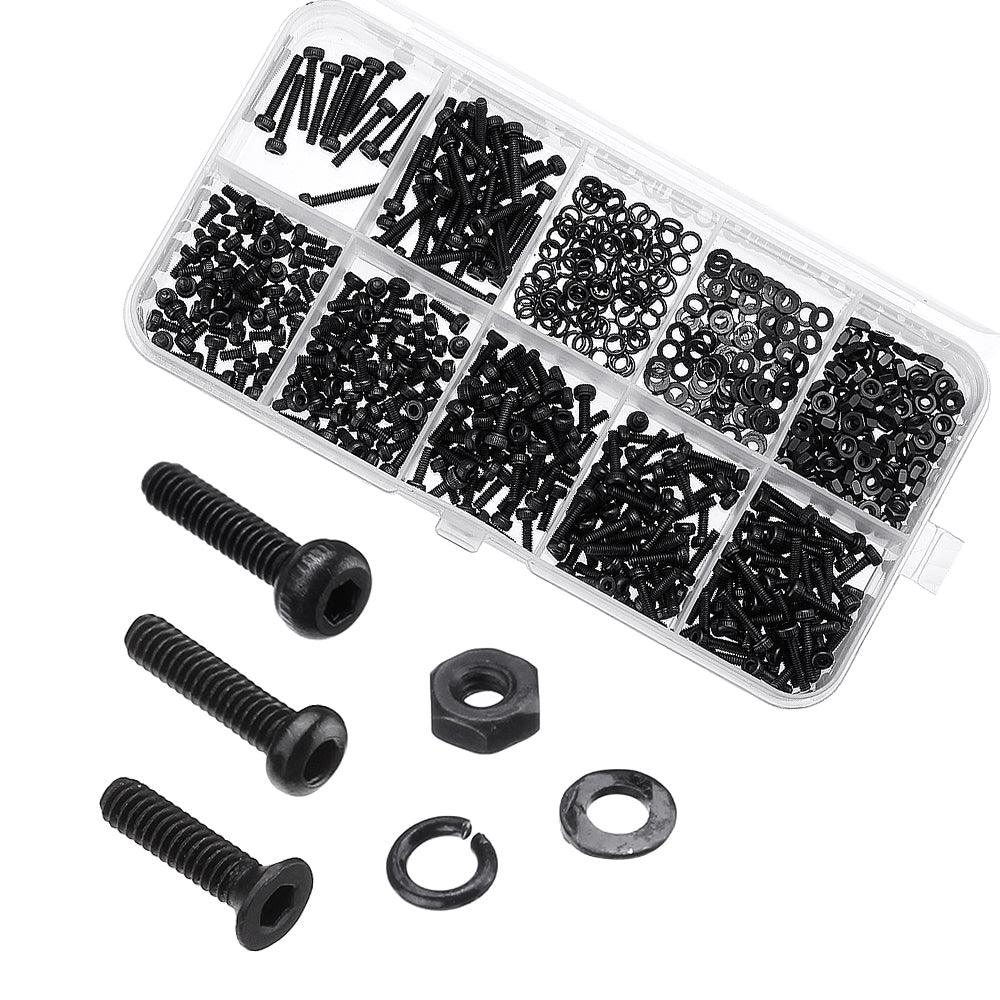 600Pcs Black Carbon Steel 10.9 Grade Hexagon Cap Button Head Flat Head Screw Nuts Assortment Set - MRSLM