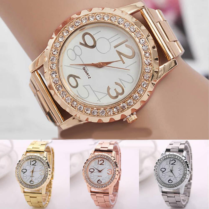 Unisex Fashion Rhinestone Stainless Steel Band Analog Quartz Couple Wrist Watch - MRSLM