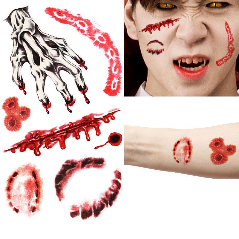 Halloween Props Tattoo Stickers Horror Simulation Wound Realistic Blood Scars Scratches Stitch Pattern - MRSLM