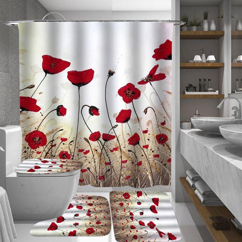 1/3/4Pcs Ink Painting Shower Curtain Bathroom Rug Set Flower Waterproof Polyester Fabric Bathroom Floor Mat Set - MRSLM