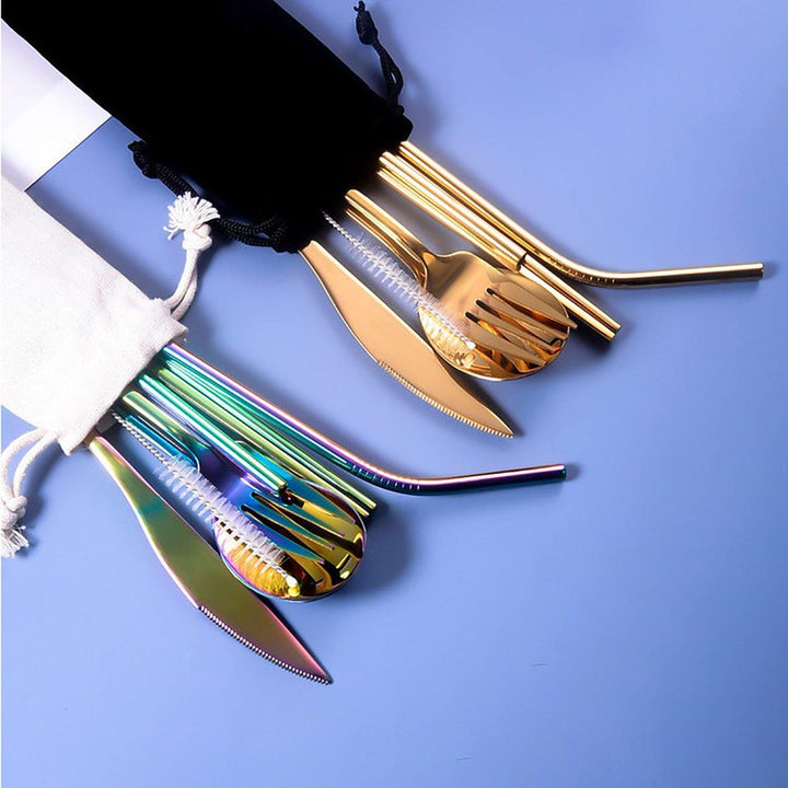 9pcs Titanium-Plated 304 Stainless Steel Cutlery Set Knife Fork Spoon Chopsticks Straw Set - MRSLM