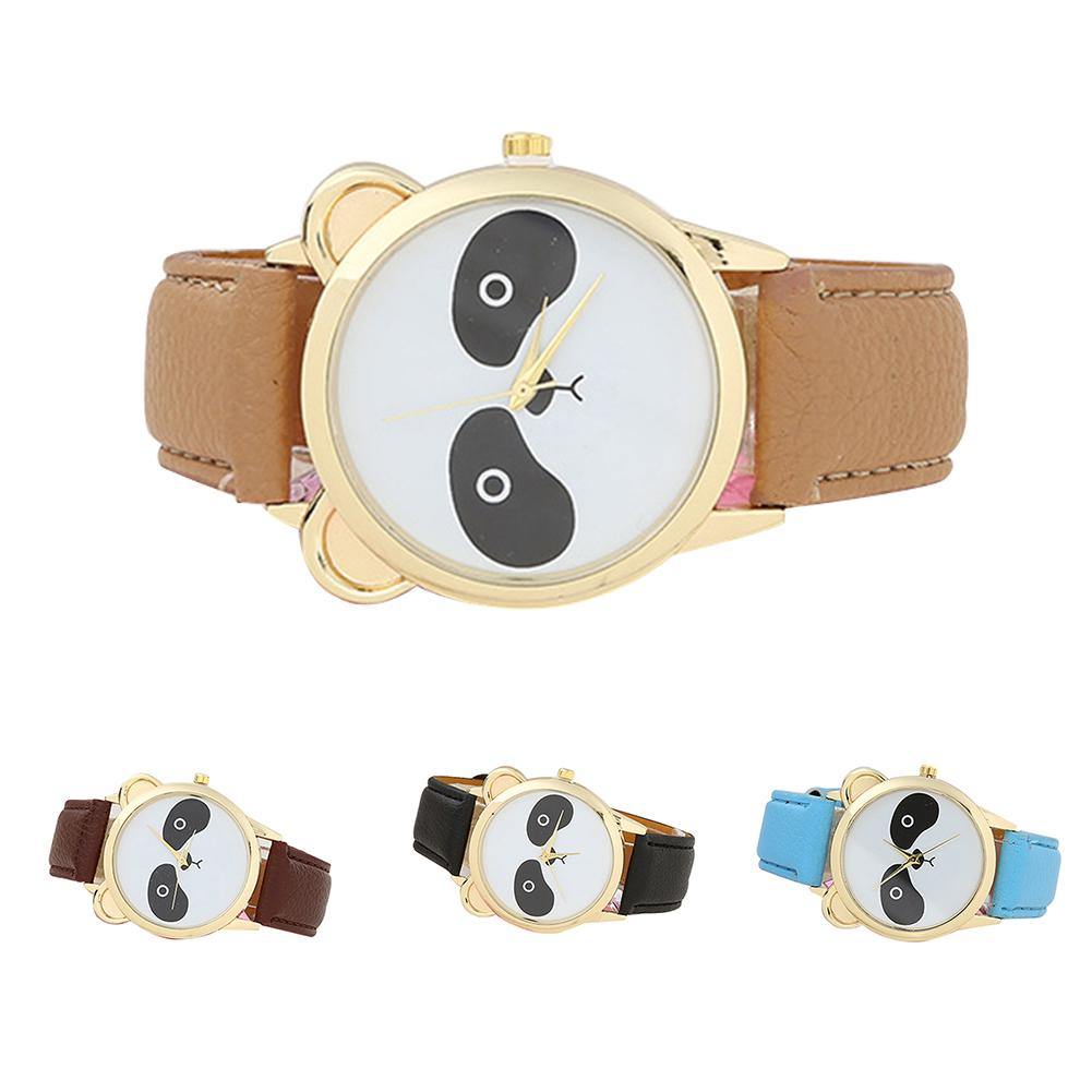 Girls Students Fashion Cartoon Panda Dial Faux Leather Analog Quartz Wrist Watch - MRSLM