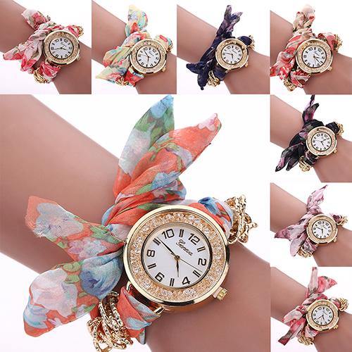 Fashion Geneva Lady Girl Flower Print Cloth Quartz Bracelet Dress Wrist Watch - MRSLM