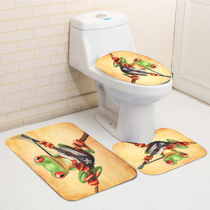 Frog Playing Guitar Bathroom Shower Curtain Anti-skid Bath Carpet Rugs Toilet Seat Cover Bath Mat Set - MRSLM