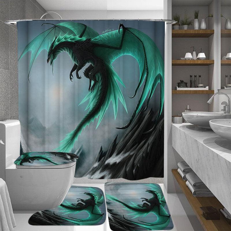 4PCS Flying Dragon Waterproof Bathroom Shower Curtain Toilet Cover Bath Mat Non-Slip Rug Set with 12 Hooks - MRSLM