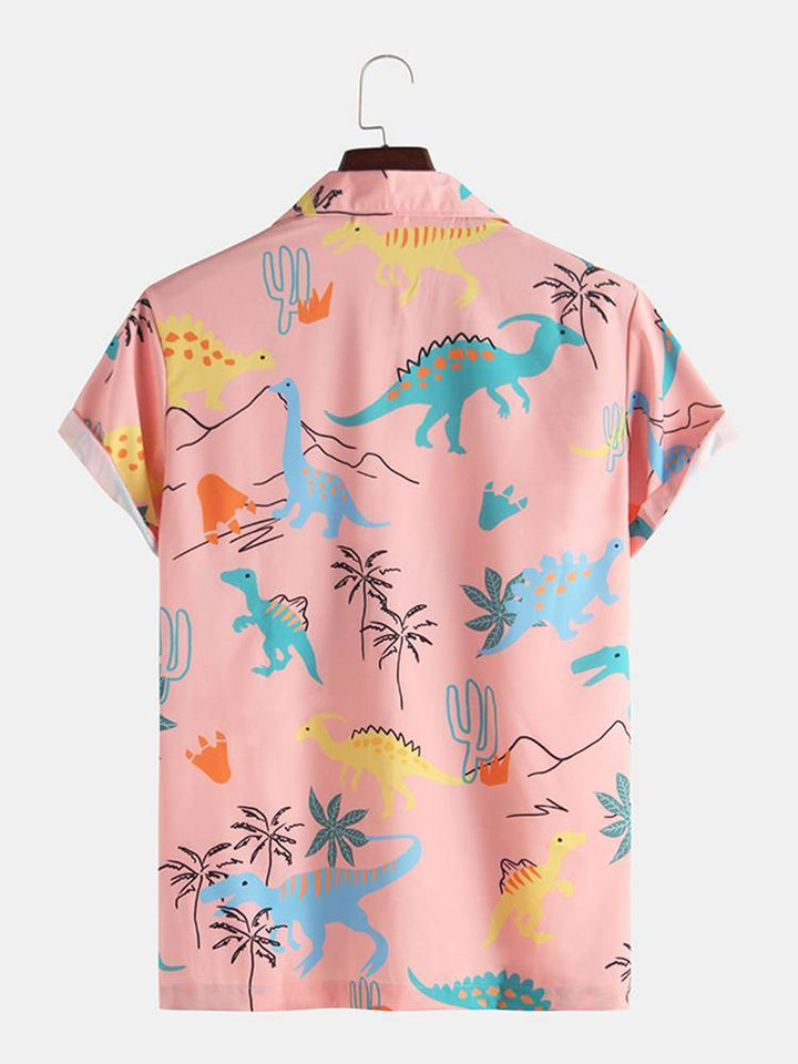 Cartoon Dinosaur Animal Printed Short Sleeve Casual Shirts - MRSLM