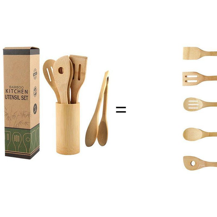 Bamboo Spatula Set with Square Holder Eco-Friendly with Ergonomic Handle Kitchen Utensil - MRSLM